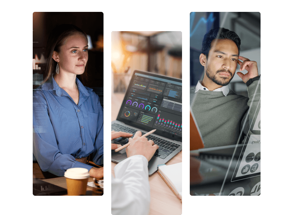 Business teams reviewing data dashboards